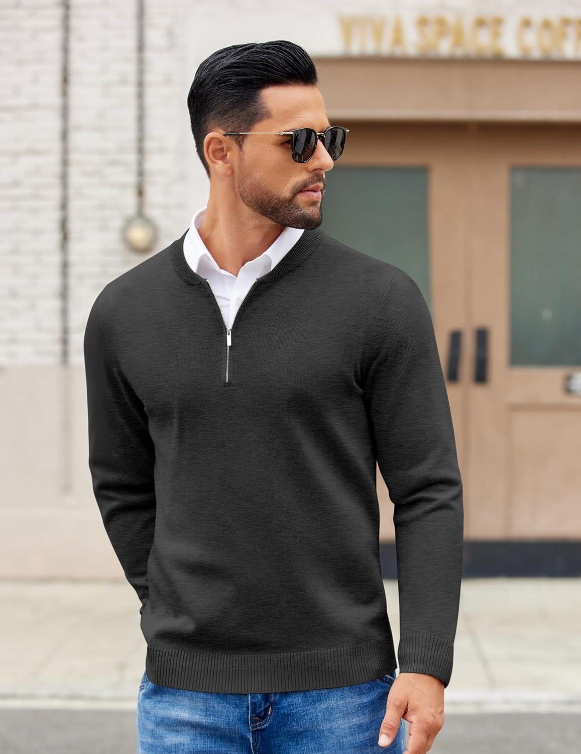 imageCOOFANDY Mens Quarter Zip Pullover Slim Fit Dress Sweaters Lightweight Mock Neck Knit SweaterDark Gray