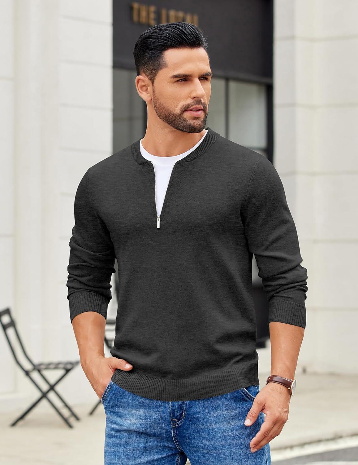 imageCOOFANDY Mens Quarter Zip Pullover Slim Fit Dress Sweaters Lightweight Mock Neck Knit SweaterDark Gray