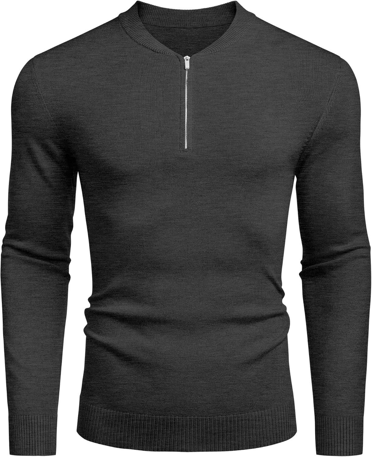 imageCOOFANDY Mens Quarter Zip Pullover Slim Fit Dress Sweaters Lightweight Mock Neck Knit SweaterDark Gray