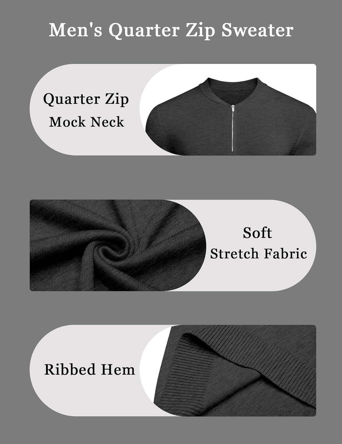 imageCOOFANDY Mens Quarter Zip Pullover Slim Fit Dress Sweaters Lightweight Mock Neck Knit SweaterDark Gray