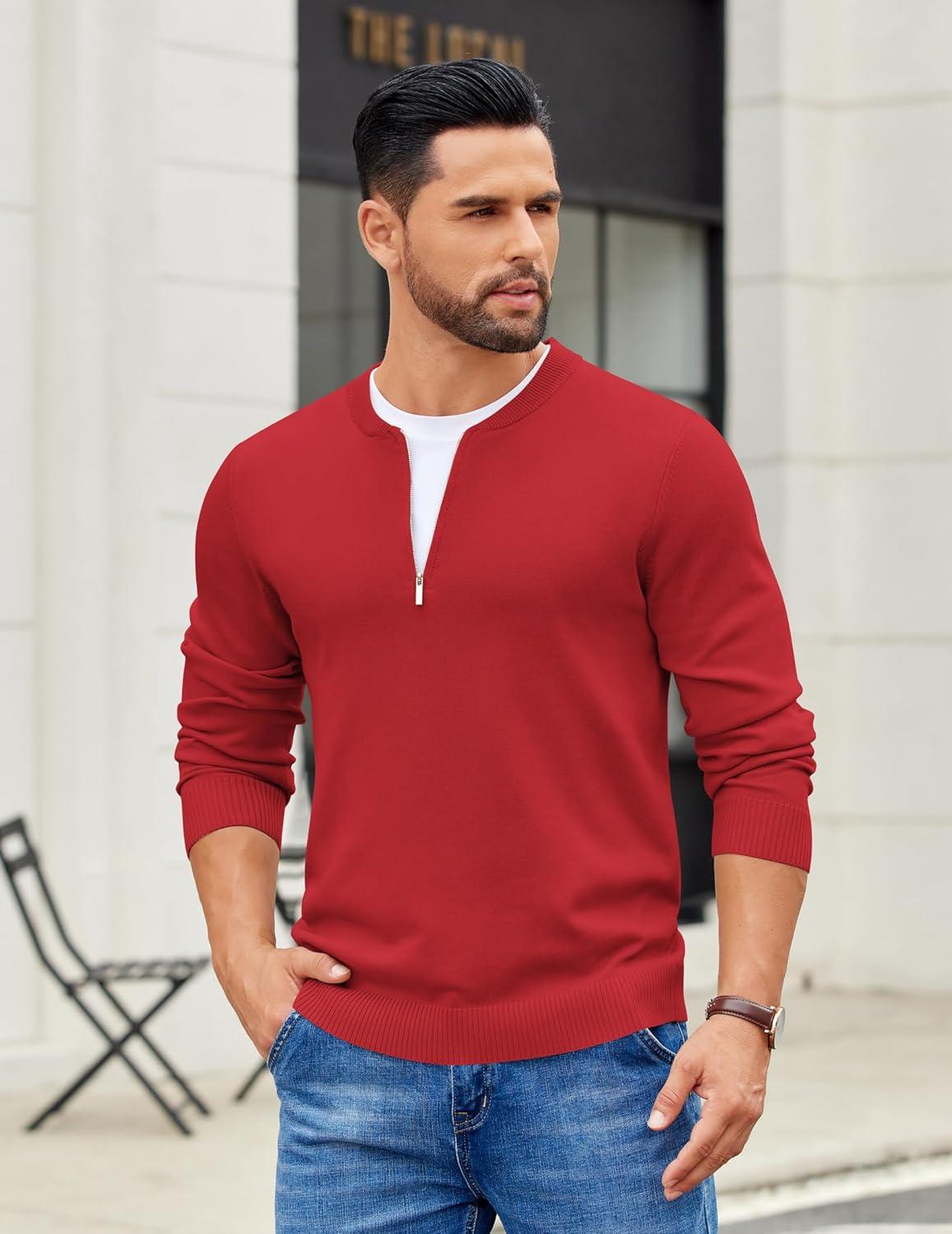 imageCOOFANDY Mens Quarter Zip Pullover Slim Fit Dress Sweaters Lightweight Mock Neck Knit SweaterDark Red