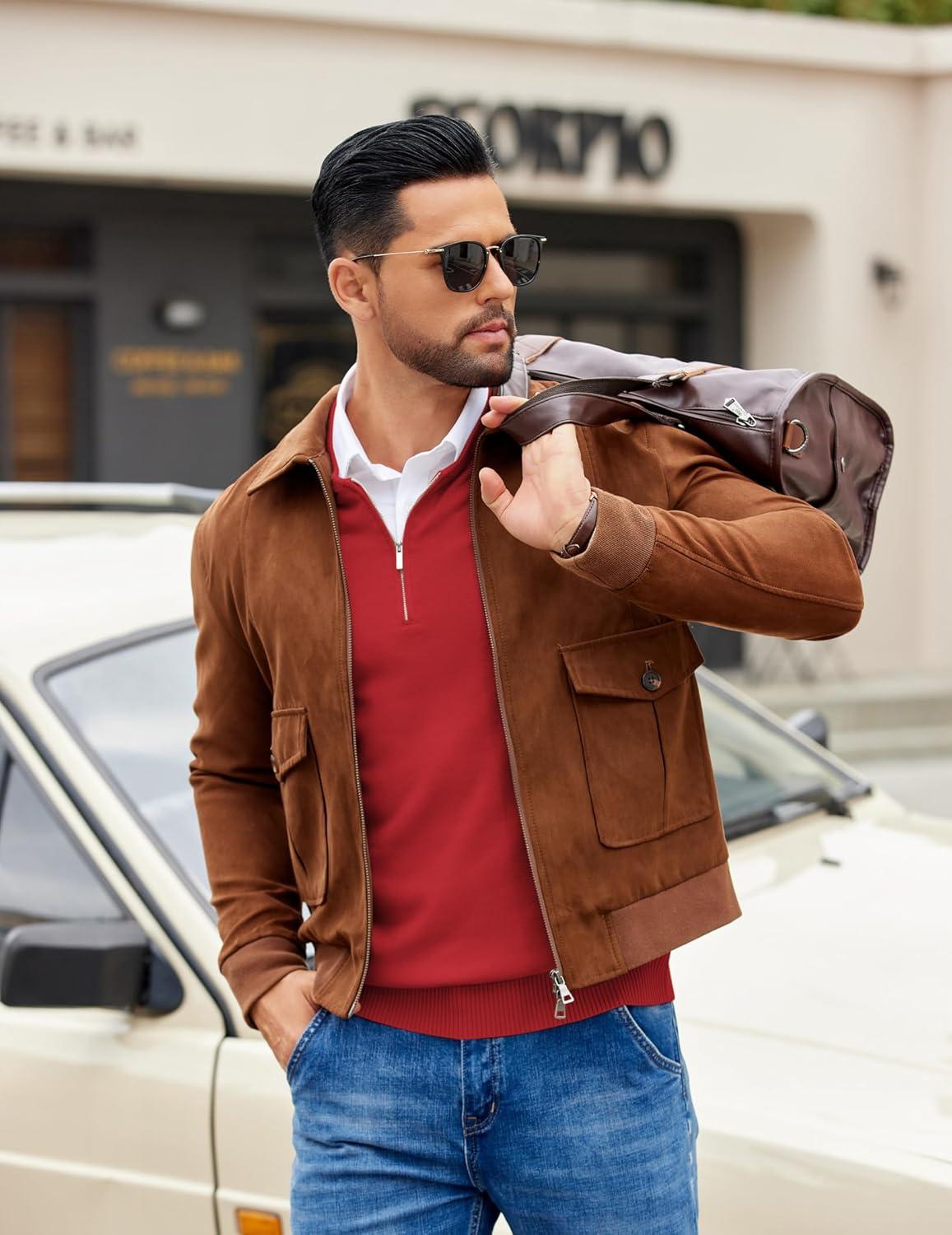 imageCOOFANDY Mens Quarter Zip Pullover Slim Fit Dress Sweaters Lightweight Mock Neck Knit SweaterDark Red