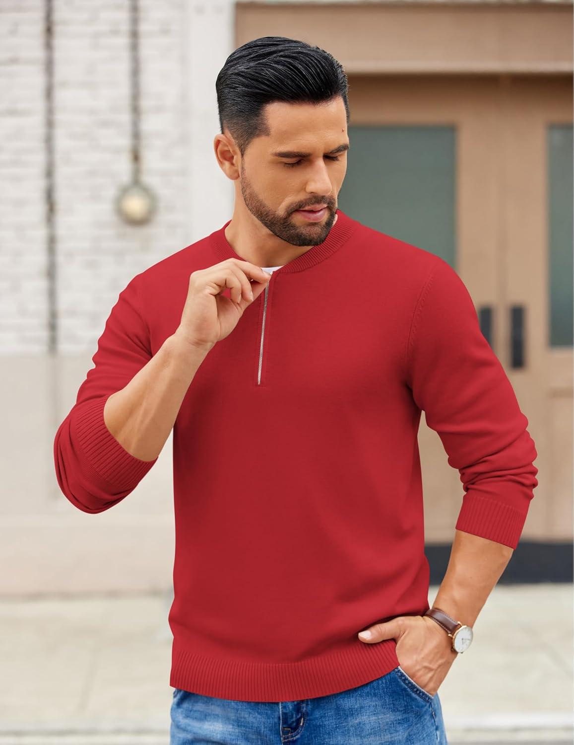 imageCOOFANDY Mens Quarter Zip Pullover Slim Fit Dress Sweaters Lightweight Mock Neck Knit SweaterDark Red