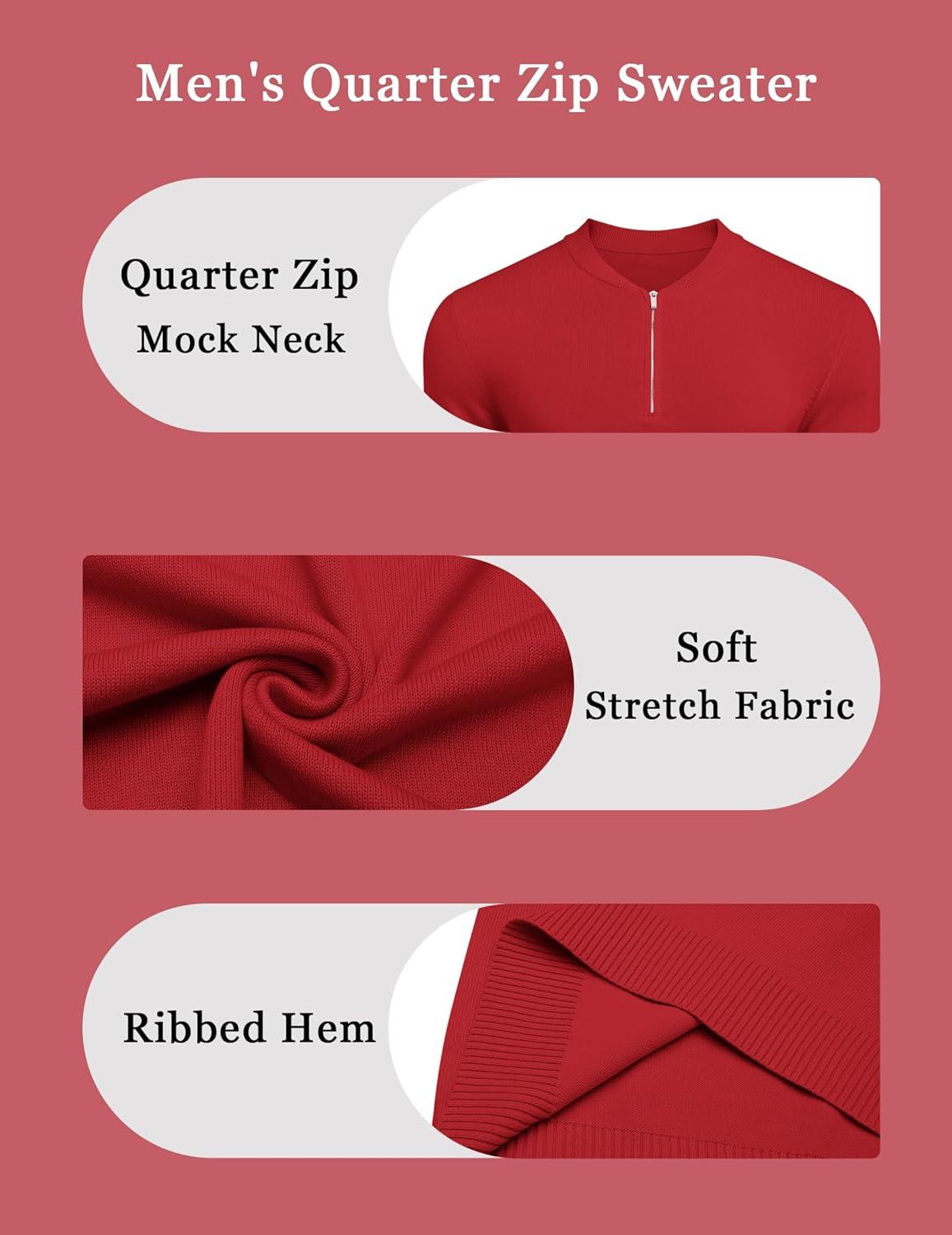 imageCOOFANDY Mens Quarter Zip Pullover Slim Fit Dress Sweaters Lightweight Mock Neck Knit SweaterDark Red