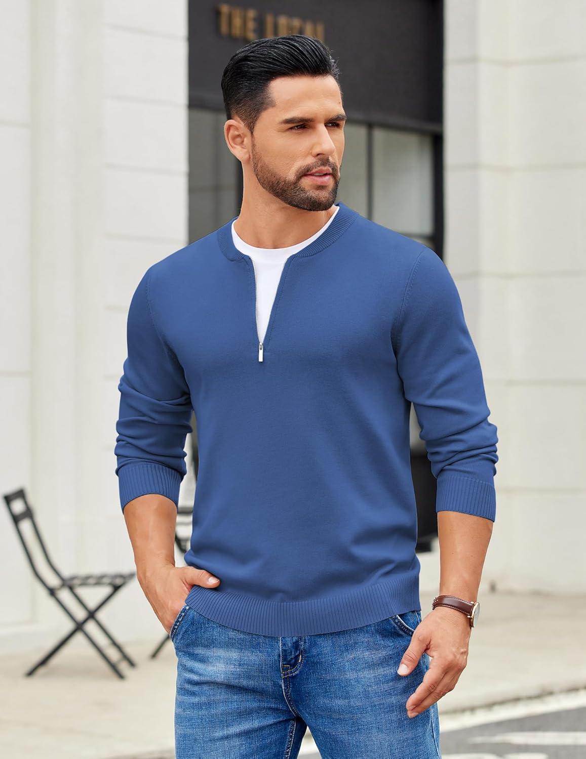 imageCOOFANDY Mens Quarter Zip Pullover Slim Fit Dress Sweaters Lightweight Mock Neck Knit SweaterDenim Blue