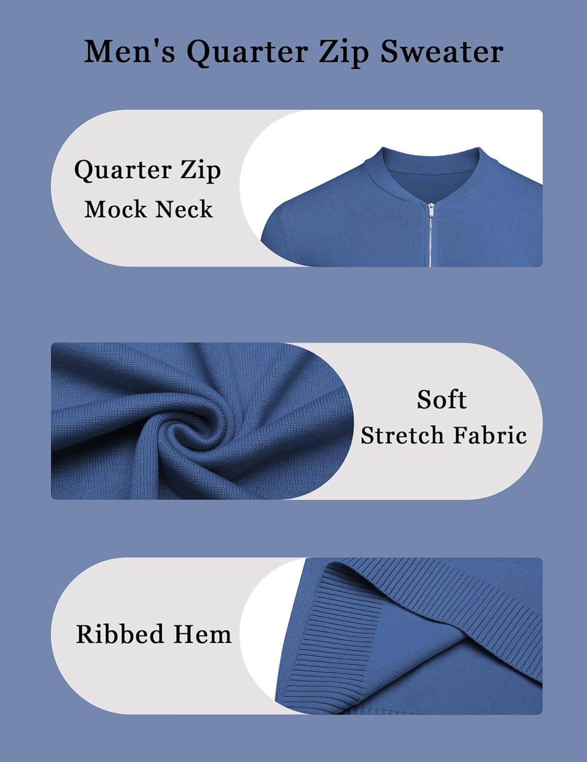 imageCOOFANDY Mens Quarter Zip Pullover Slim Fit Dress Sweaters Lightweight Mock Neck Knit SweaterDenim Blue