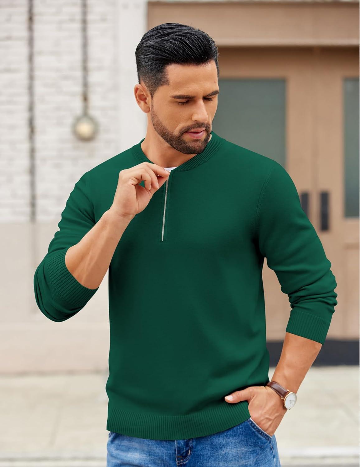 imageCOOFANDY Mens Quarter Zip Pullover Slim Fit Dress Sweaters Lightweight Mock Neck Knit SweaterGreen