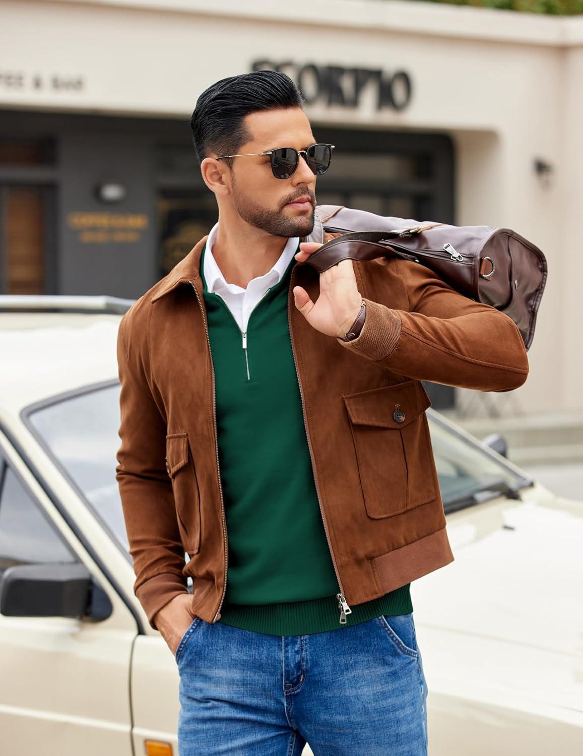 imageCOOFANDY Mens Quarter Zip Pullover Slim Fit Dress Sweaters Lightweight Mock Neck Knit SweaterGreen