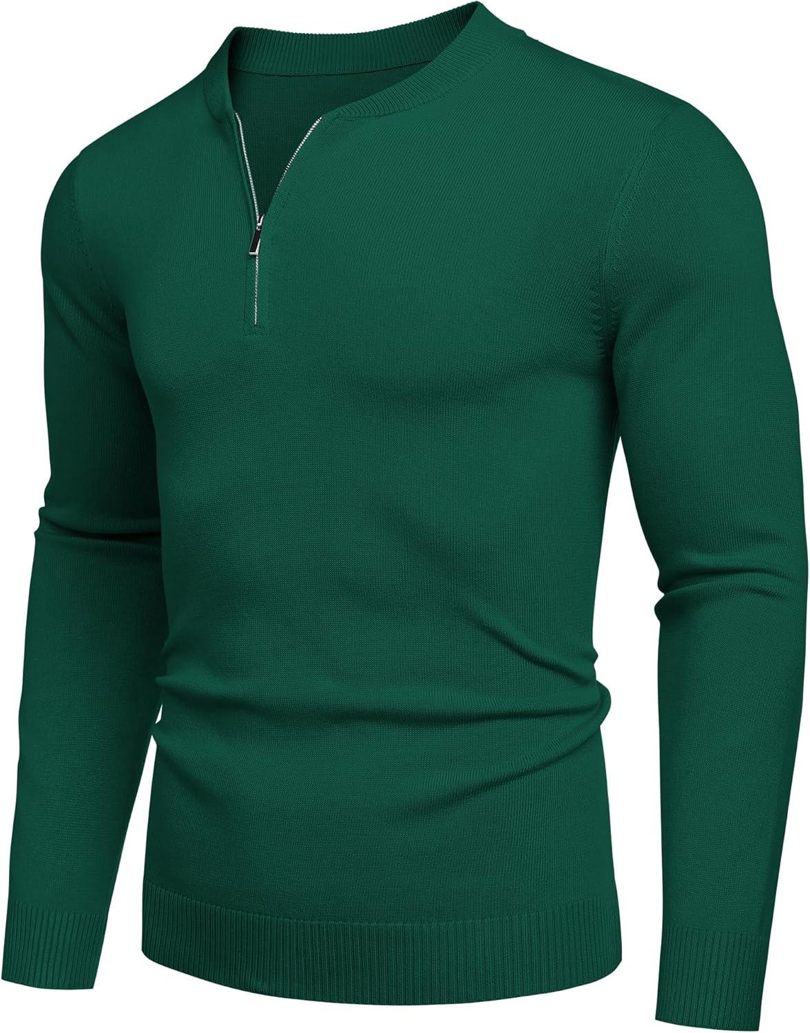 imageCOOFANDY Mens Quarter Zip Pullover Slim Fit Dress Sweaters Lightweight Mock Neck Knit SweaterGreen