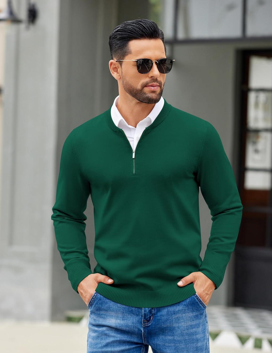 imageCOOFANDY Mens Quarter Zip Pullover Slim Fit Dress Sweaters Lightweight Mock Neck Knit SweaterGreen