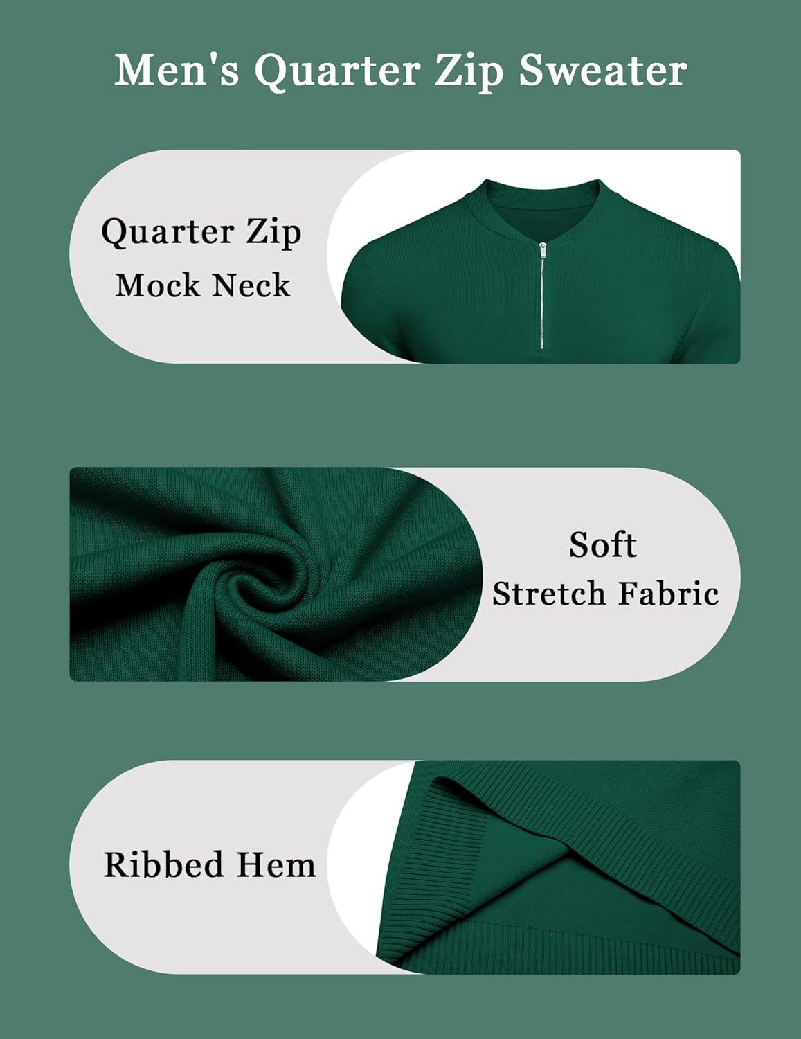 imageCOOFANDY Mens Quarter Zip Pullover Slim Fit Dress Sweaters Lightweight Mock Neck Knit SweaterGreen
