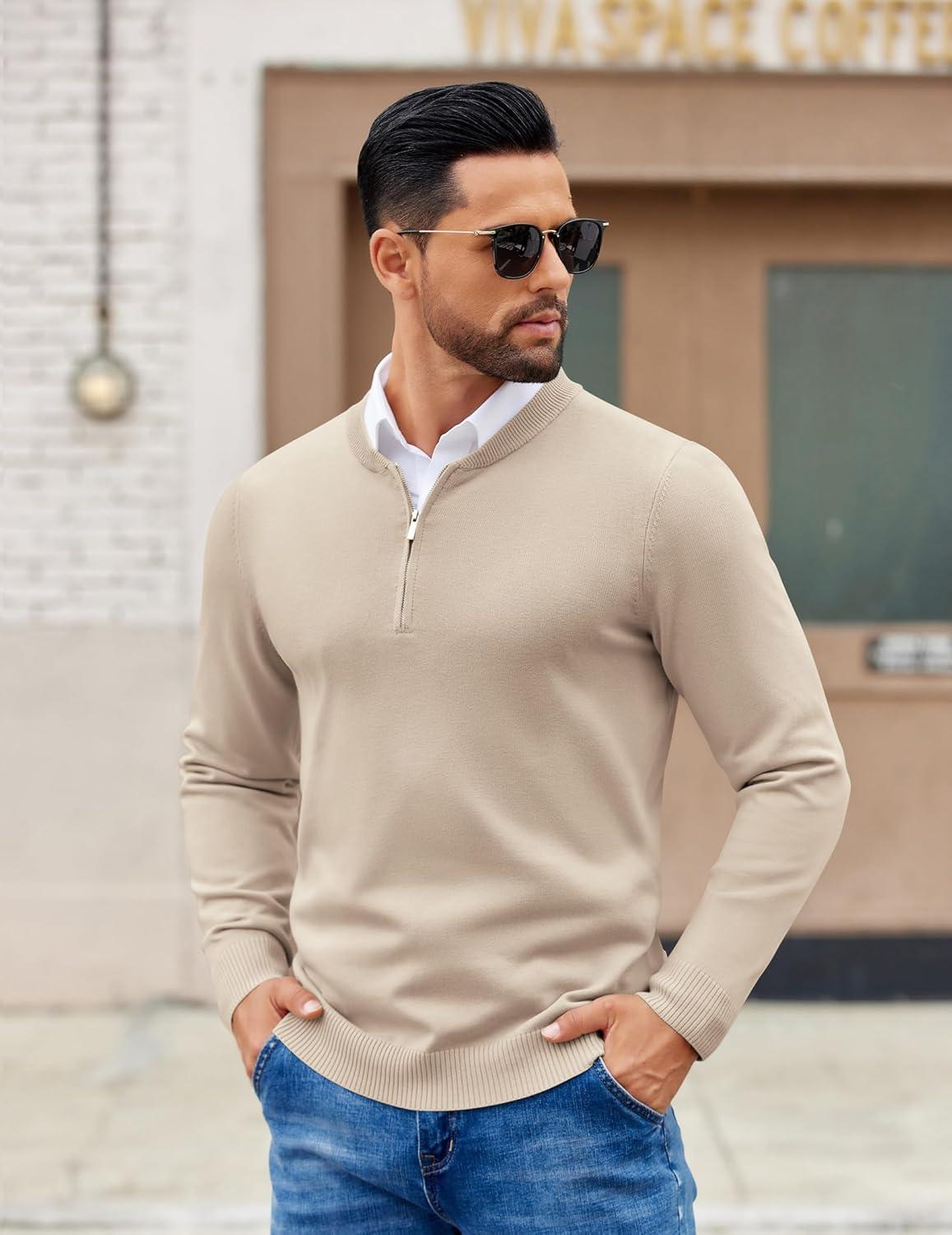 imageCOOFANDY Mens Quarter Zip Pullover Slim Fit Dress Sweaters Lightweight Mock Neck Knit SweaterKhaki