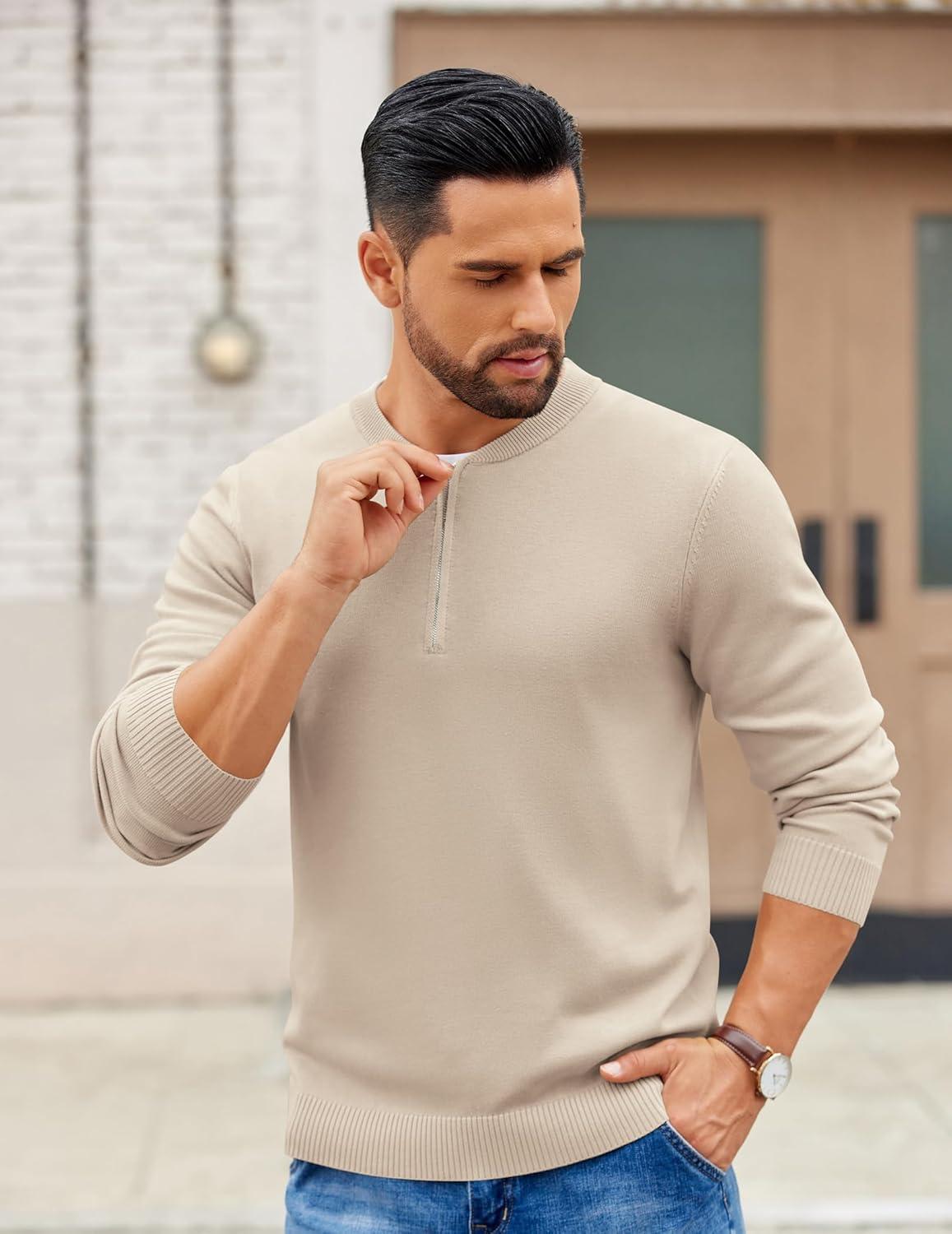 imageCOOFANDY Mens Quarter Zip Pullover Slim Fit Dress Sweaters Lightweight Mock Neck Knit SweaterKhaki
