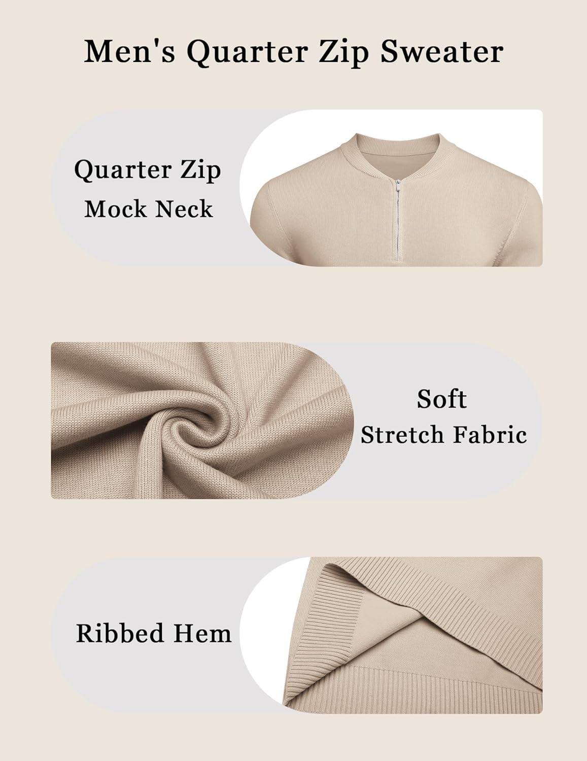 imageCOOFANDY Mens Quarter Zip Pullover Slim Fit Dress Sweaters Lightweight Mock Neck Knit SweaterKhaki