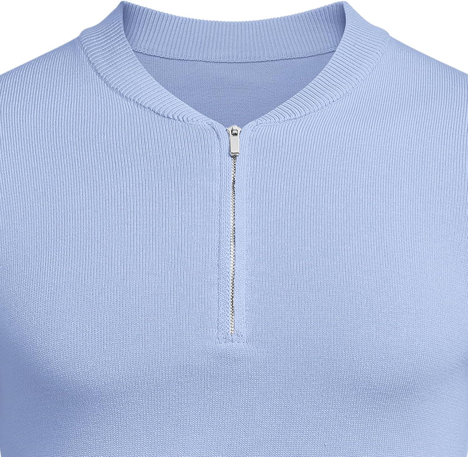 imageCOOFANDY Mens Quarter Zip Pullover Slim Fit Dress Sweaters Lightweight Mock Neck Knit SweaterLight Blue