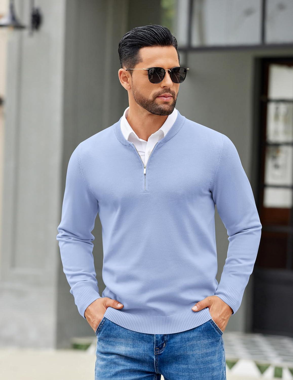 imageCOOFANDY Mens Quarter Zip Pullover Slim Fit Dress Sweaters Lightweight Mock Neck Knit SweaterLight Blue