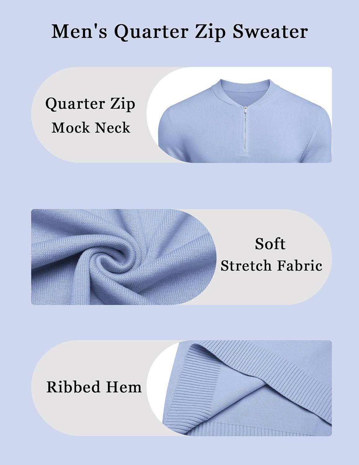 imageCOOFANDY Mens Quarter Zip Pullover Slim Fit Dress Sweaters Lightweight Mock Neck Knit SweaterLight Blue