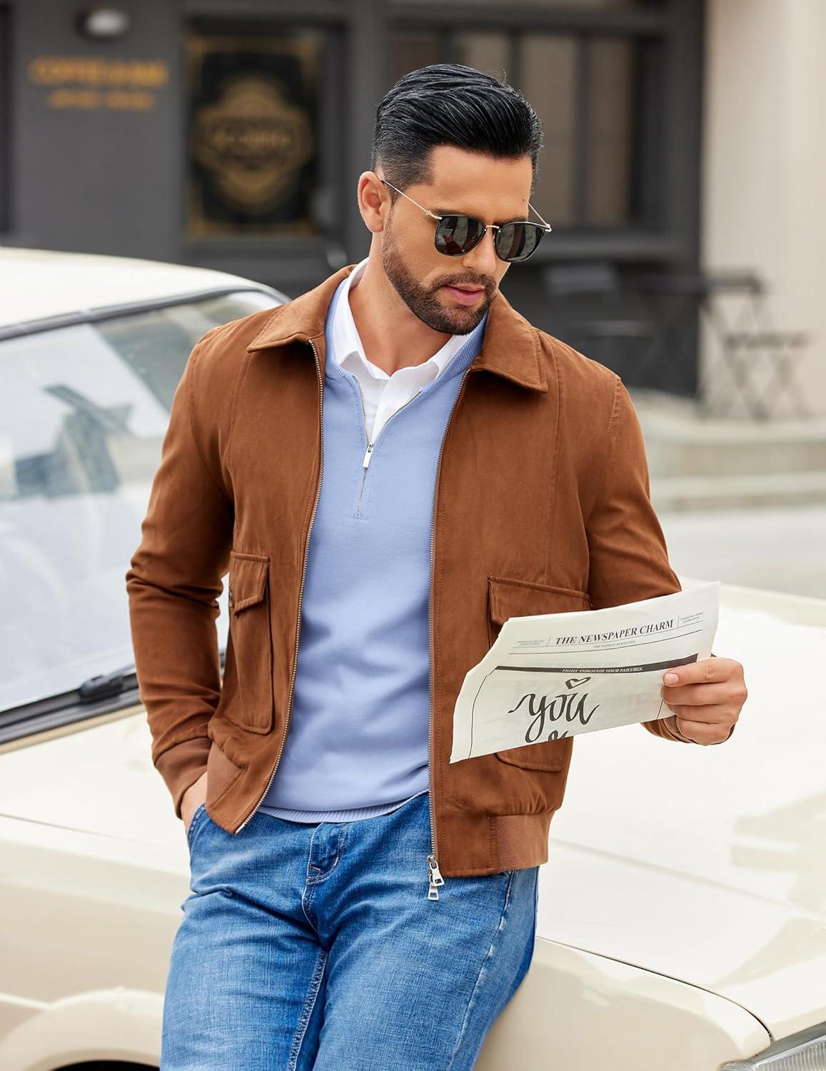 imageCOOFANDY Mens Quarter Zip Pullover Slim Fit Dress Sweaters Lightweight Mock Neck Knit SweaterLight Blue