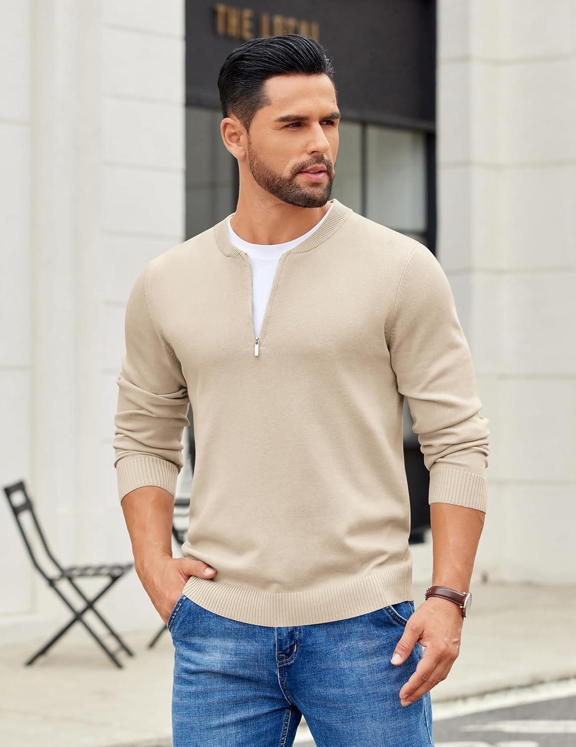 imageCOOFANDY Mens Quarter Zip Pullover Slim Fit Dress Sweaters Lightweight Mock Neck Knit SweaterLight Khaki