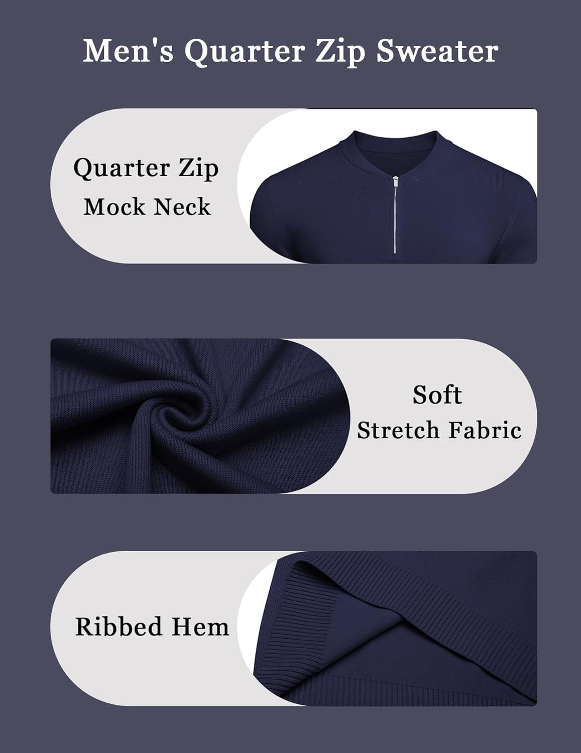 imageCOOFANDY Mens Quarter Zip Pullover Slim Fit Dress Sweaters Lightweight Mock Neck Knit SweaterNavy Blue