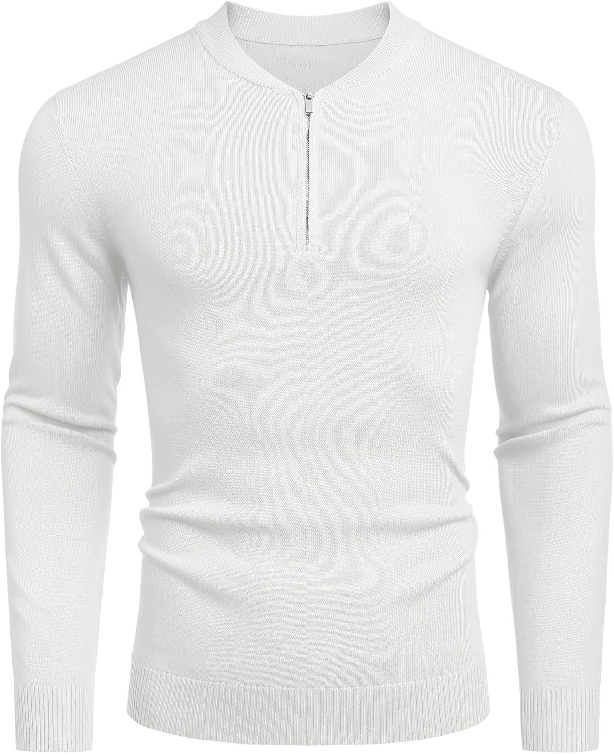 imageCOOFANDY Mens Quarter Zip Pullover Slim Fit Dress Sweaters Lightweight Mock Neck Knit SweaterWhite