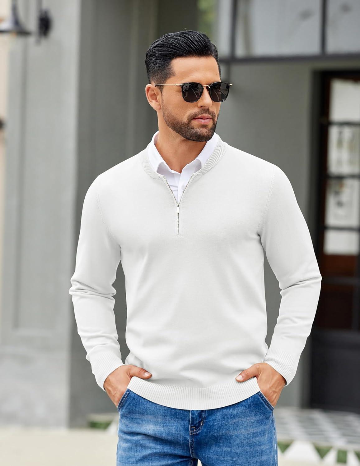 imageCOOFANDY Mens Quarter Zip Pullover Slim Fit Dress Sweaters Lightweight Mock Neck Knit SweaterWhite