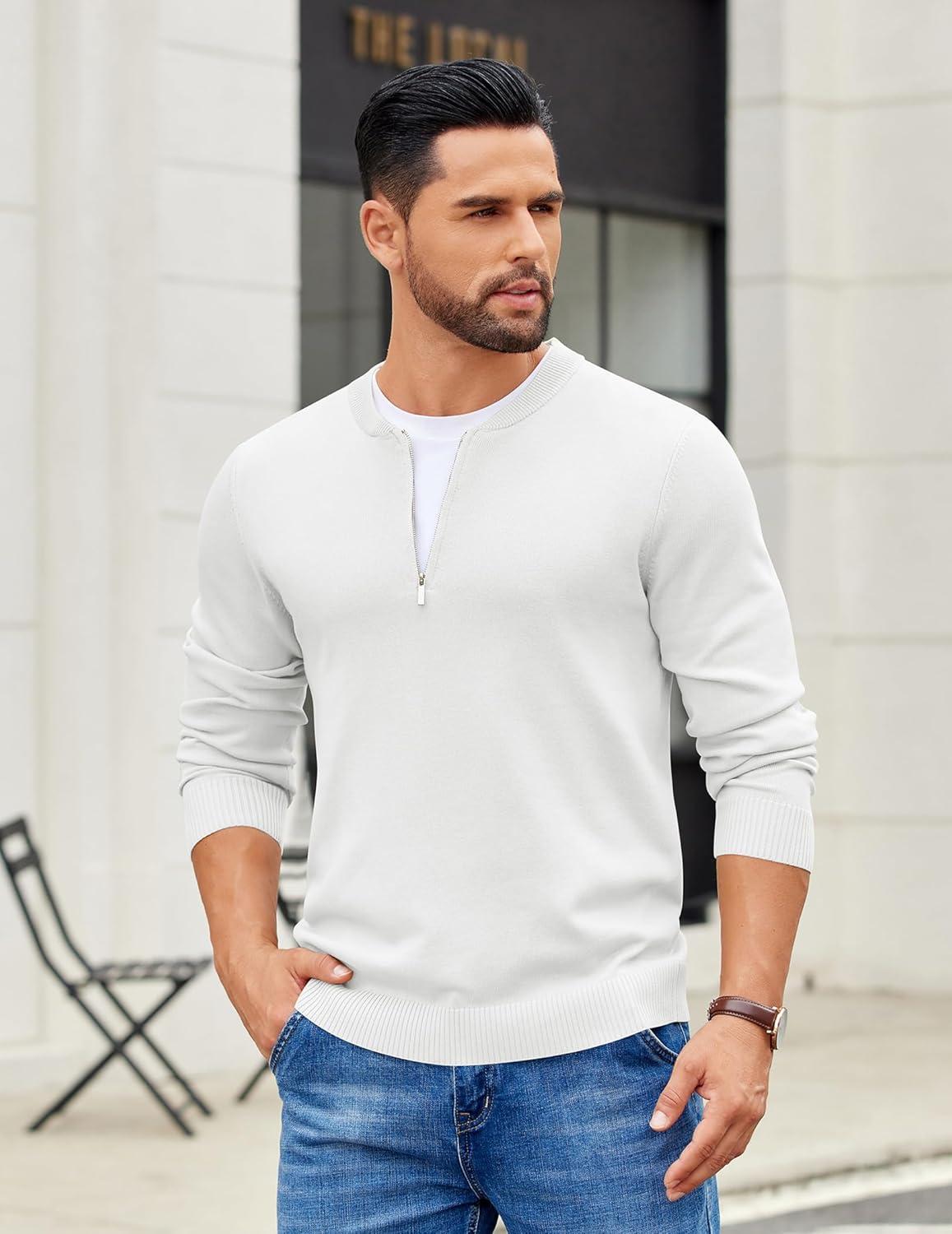 imageCOOFANDY Mens Quarter Zip Pullover Slim Fit Dress Sweaters Lightweight Mock Neck Knit SweaterWhite