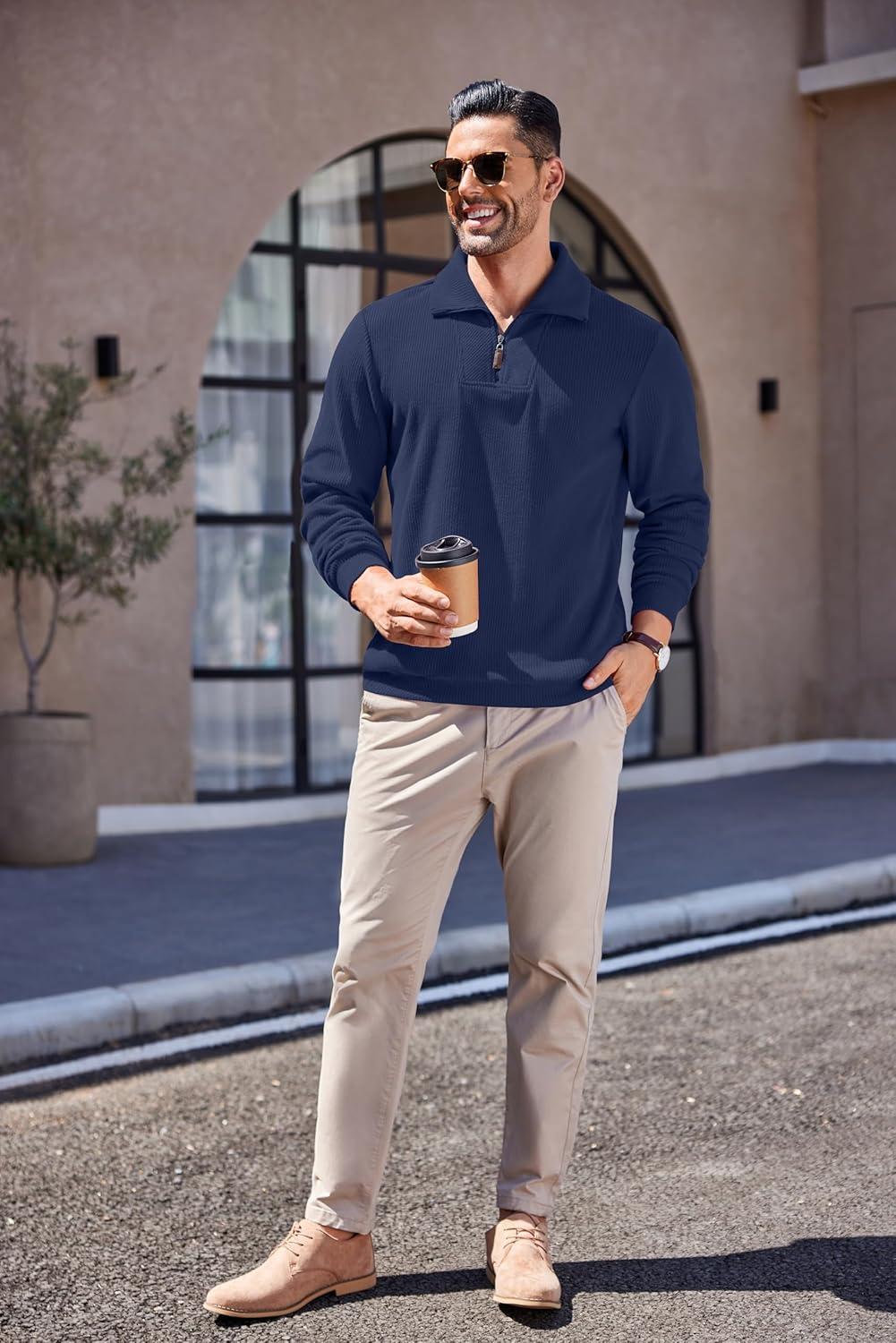imageCOOFANDY Mens Quarter Zip Up Pullover Mock Neck Long Sleeve Sweater Casual Corduroy Polo SweatshirtDeep Blue
