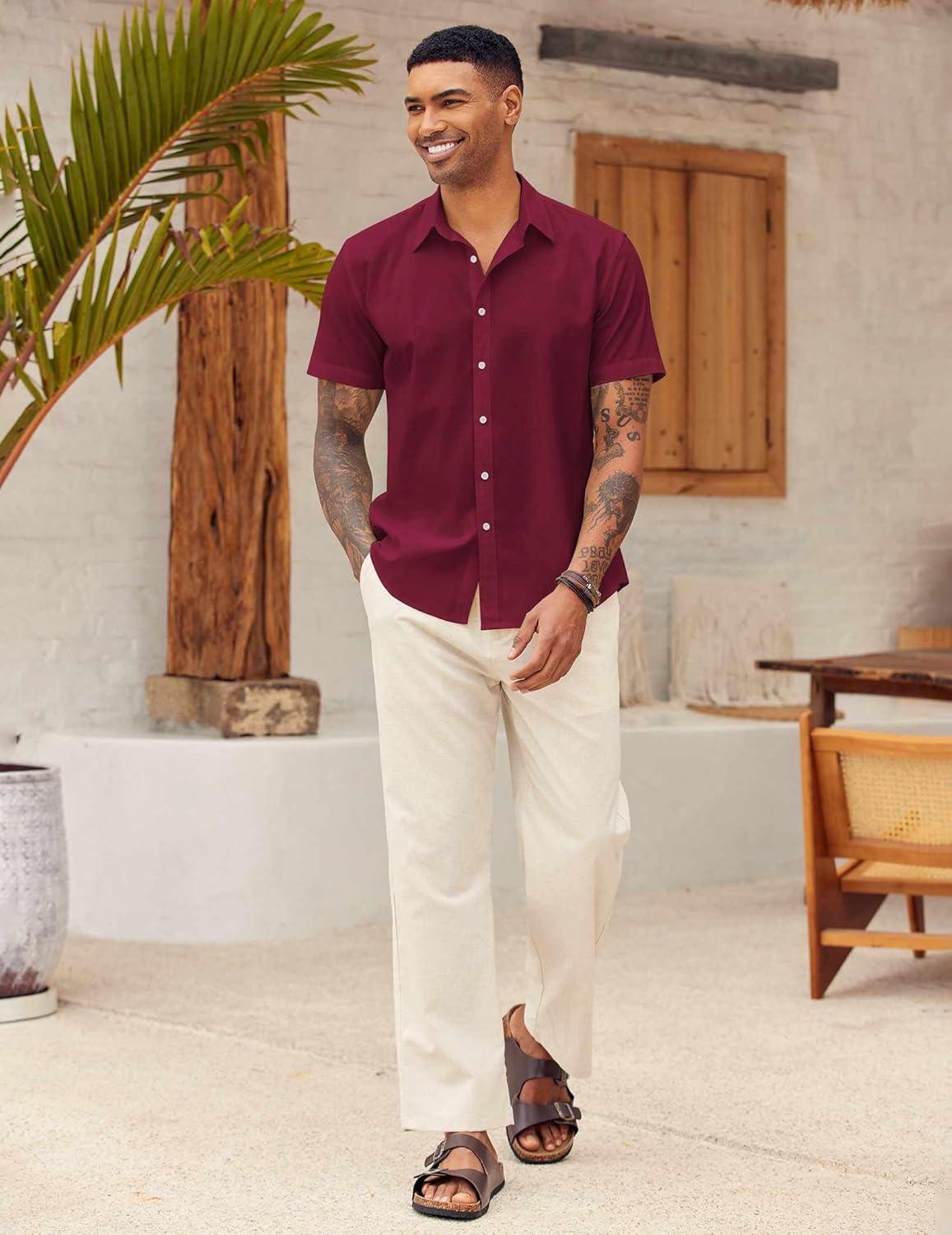imageCOOFANDY Mens Shirt Casual Button Down Short Sleeve Shirt Summer Cotton Linen Beach ShirtsCrimson