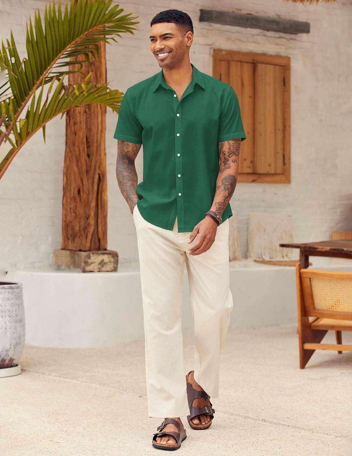 imageCOOFANDY Mens Shirt Casual Button Down Short Sleeve Shirt Summer Cotton Linen Beach ShirtsEvergreen