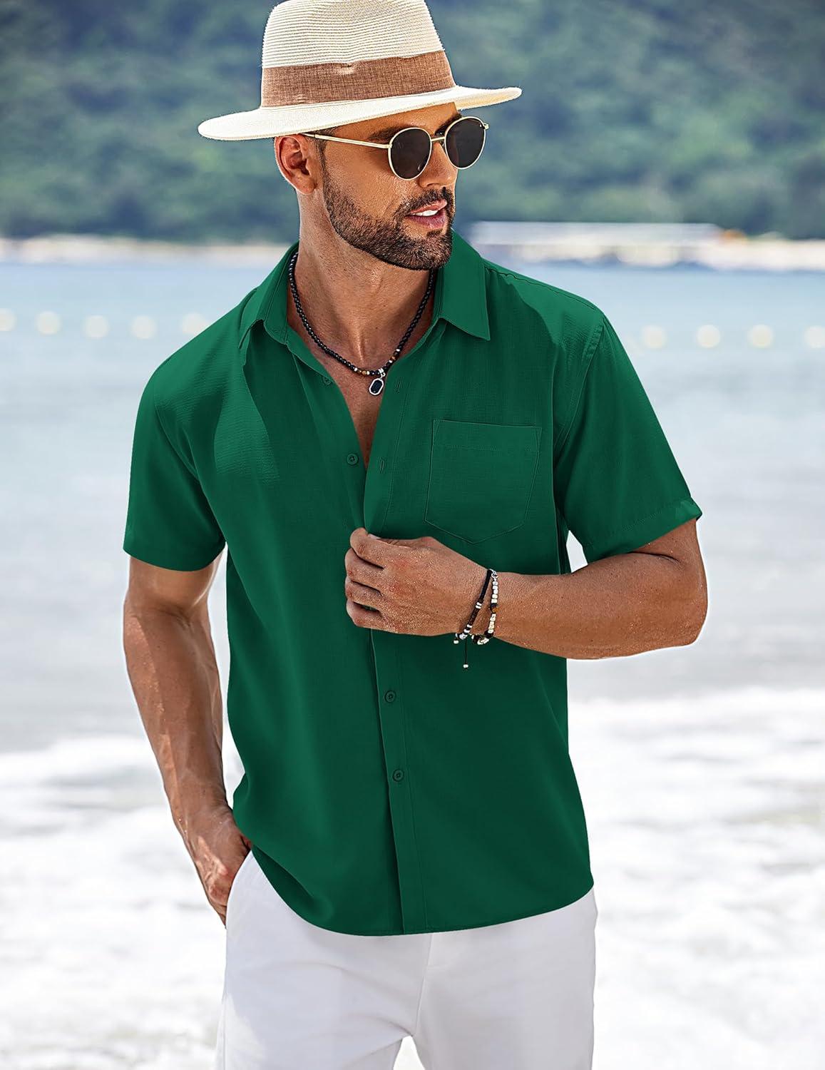 imageCOOFANDY Mens Short Sleeve Button Down Shirts Summer Casual Textured Shirt Vacation Beach Wedding Shirts with PocketGreen