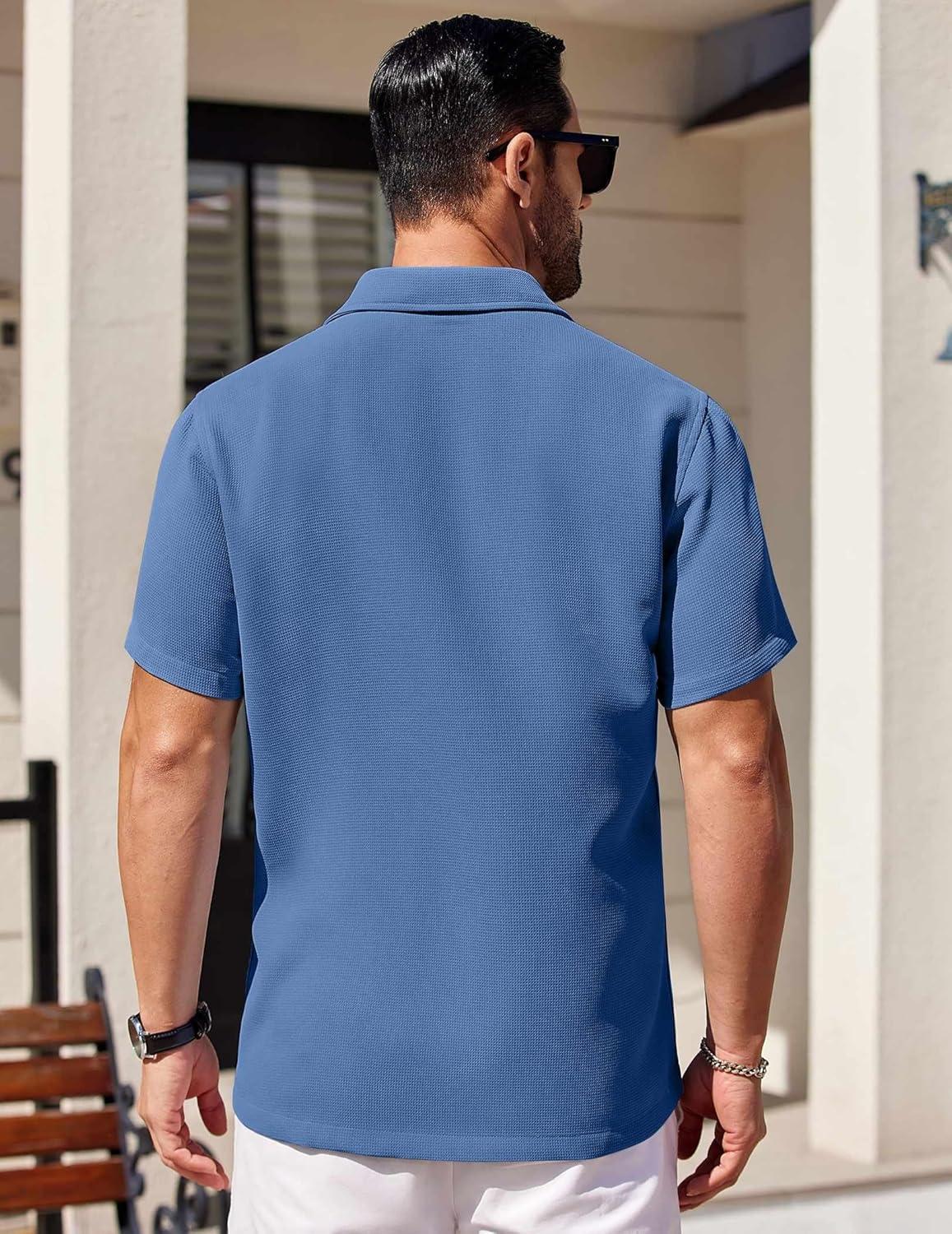 imageCOOFANDY Mens Short Sleeve Button Down Shirts Waffle Shirt Casual Beach Summer Shirts Wrinkle Free Vacation ShirtsDark Blue