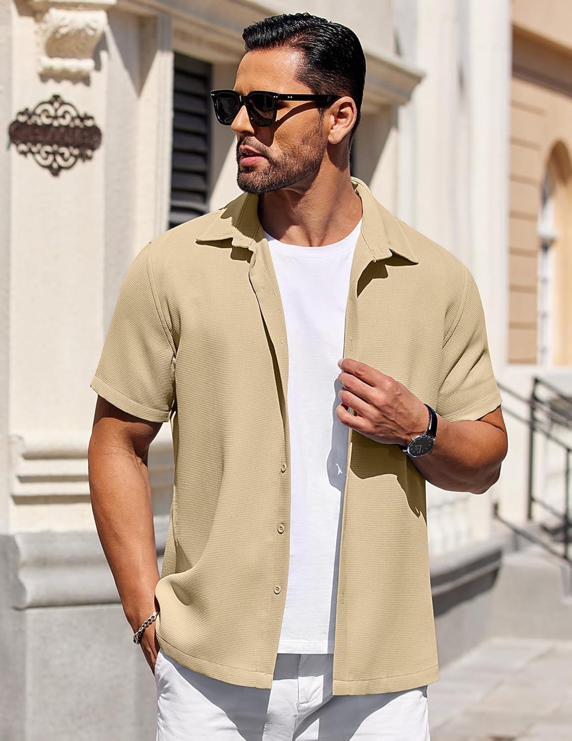 imageCOOFANDY Mens Short Sleeve Button Down Shirts Waffle Shirt Casual Beach Summer Shirts Wrinkle Free Vacation ShirtsKhaki