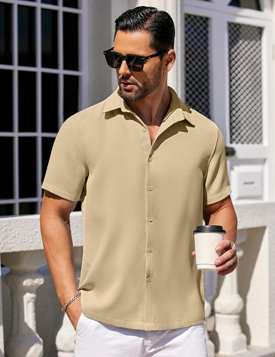 imageCOOFANDY Mens Short Sleeve Button Down Shirts Waffle Shirt Casual Beach Summer Shirts Wrinkle Free Vacation ShirtsKhaki