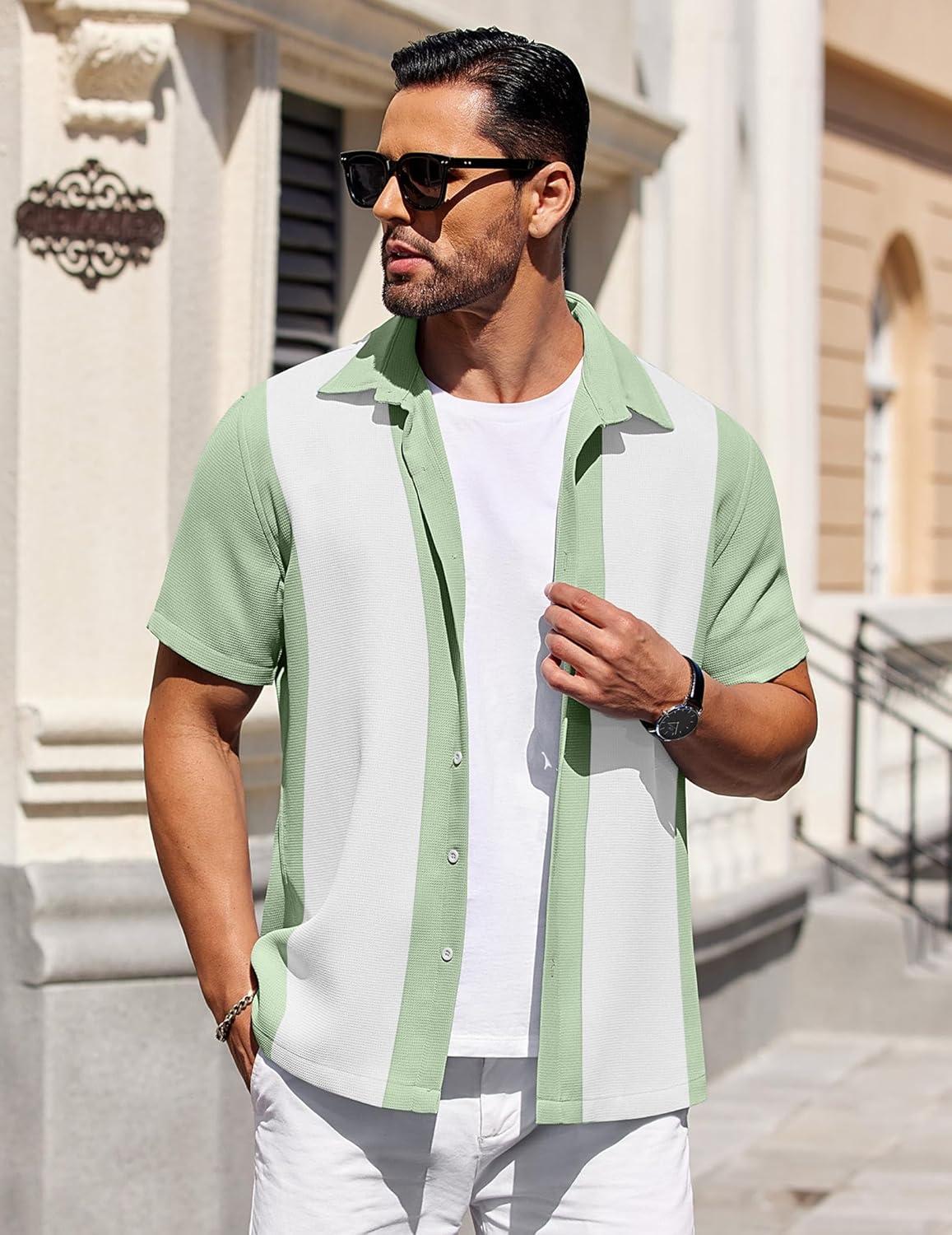 imageCOOFANDY Mens Short Sleeve Button Down Shirts Waffle Shirt Casual Beach Summer Shirts Wrinkle Free Vacation ShirtsMint White Combo