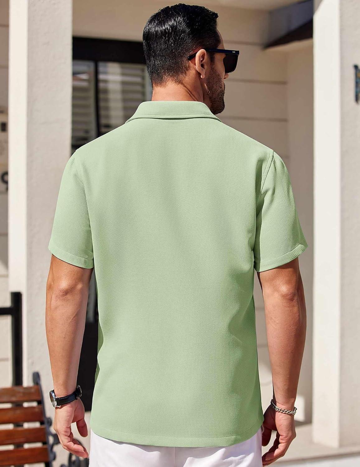 imageCOOFANDY Mens Short Sleeve Button Down Shirts Waffle Shirt Casual Beach Summer Shirts Wrinkle Free Vacation ShirtsMint White Combo