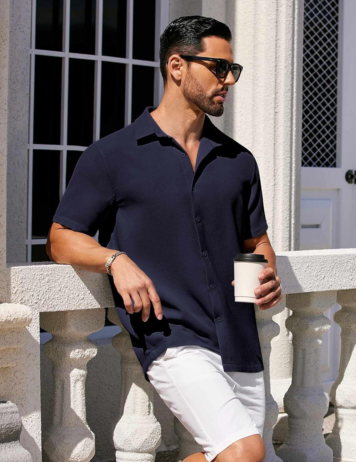 imageCOOFANDY Mens Short Sleeve Button Down Shirts Waffle Shirt Casual Beach Summer Shirts Wrinkle Free Vacation ShirtsNavy Blue