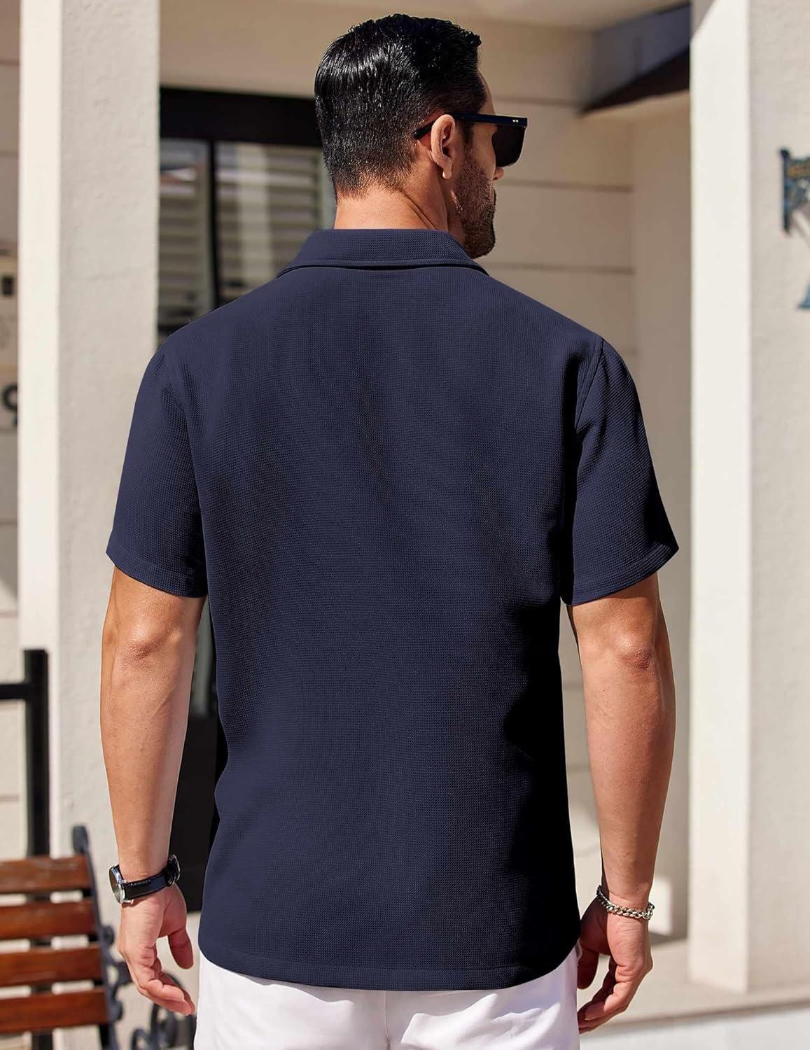 imageCOOFANDY Mens Short Sleeve Button Down Shirts Waffle Shirt Casual Beach Summer Shirts Wrinkle Free Vacation ShirtsNavy Blue