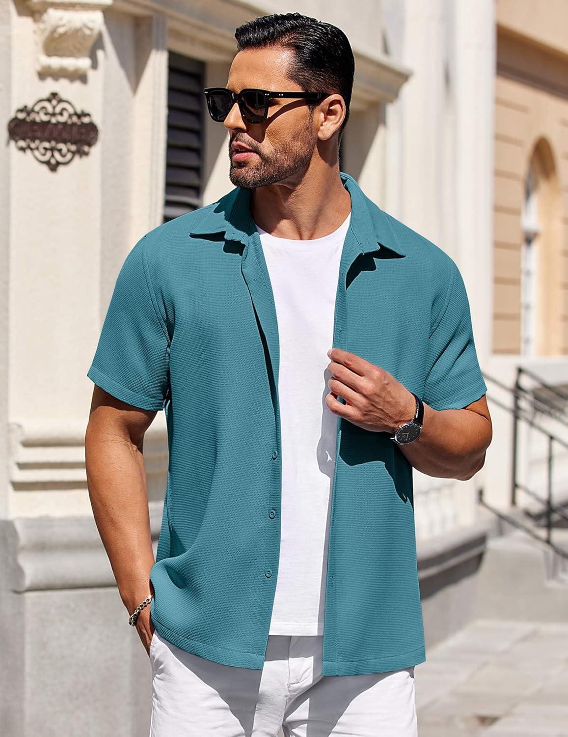 imageCOOFANDY Mens Short Sleeve Button Down Shirts Waffle Shirt Casual Beach Summer Shirts Wrinkle Free Vacation ShirtsPeacock Blue