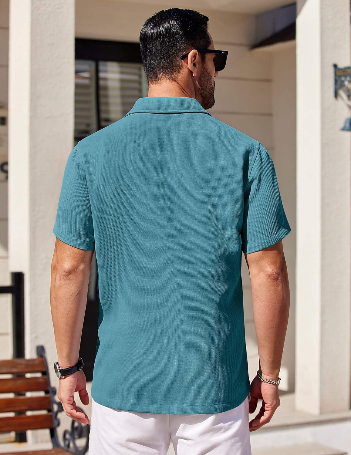 imageCOOFANDY Mens Short Sleeve Button Down Shirts Waffle Shirt Casual Beach Summer Shirts Wrinkle Free Vacation ShirtsPeacock Blue