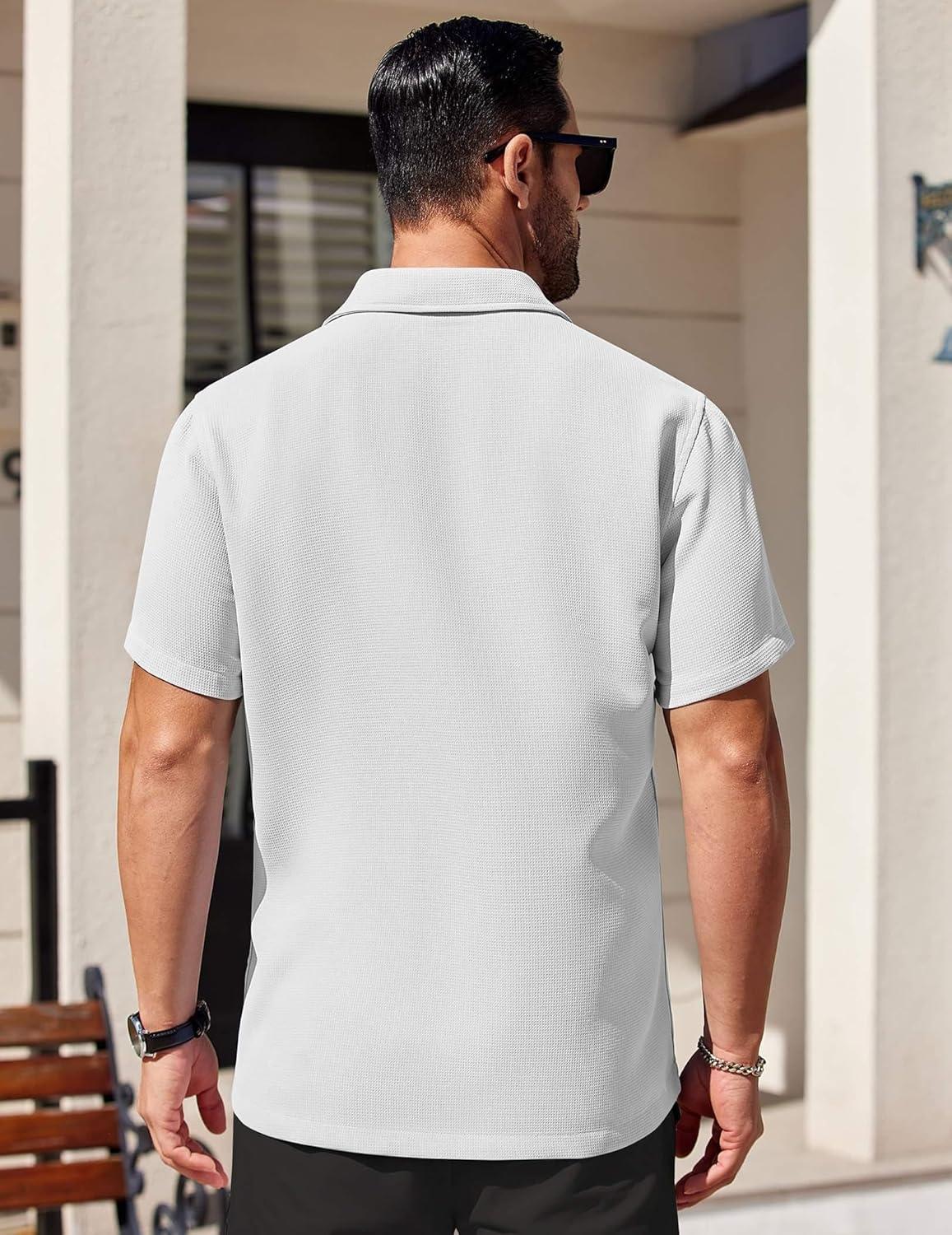 imageCOOFANDY Mens Short Sleeve Button Down Shirts Waffle Shirt Casual Beach Summer Shirts Wrinkle Free Vacation ShirtsWhite