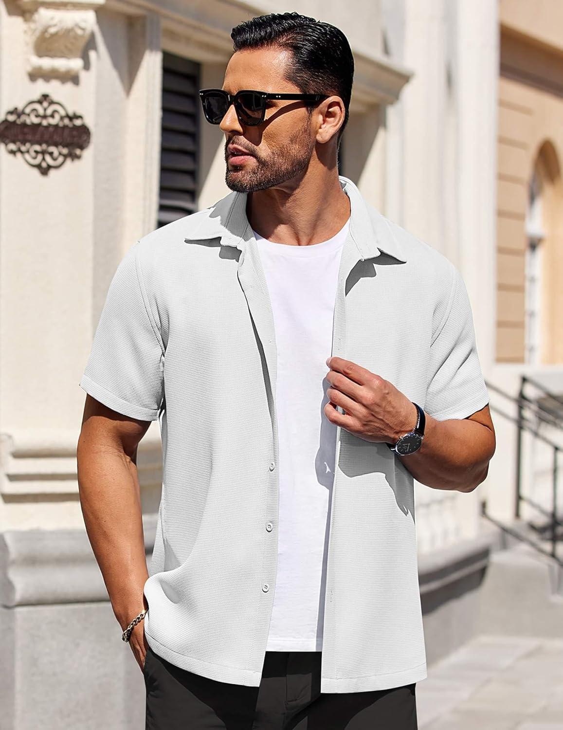 imageCOOFANDY Mens Short Sleeve Button Down Shirts Waffle Shirt Casual Beach Summer Shirts Wrinkle Free Vacation ShirtsWhite