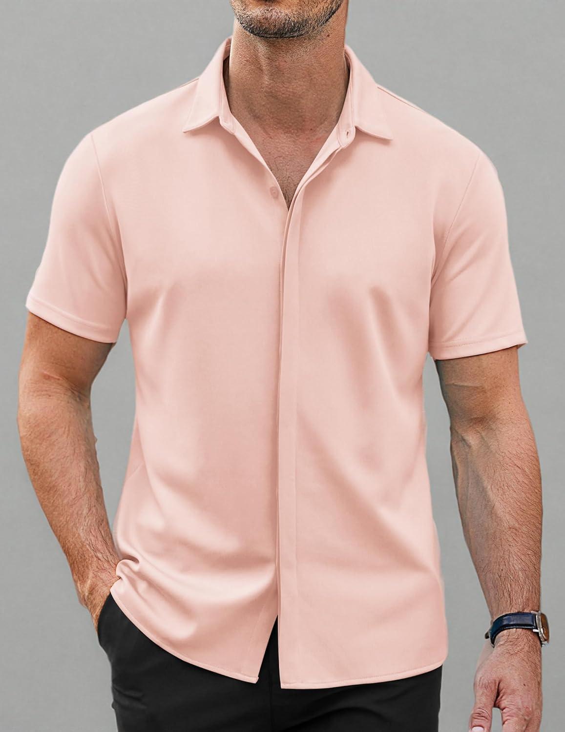 imageCOOFANDY Mens Short Sleeve Wrinkle Free Shirt Casual Button Down Shirt Summer Dress ShirtLight Pink