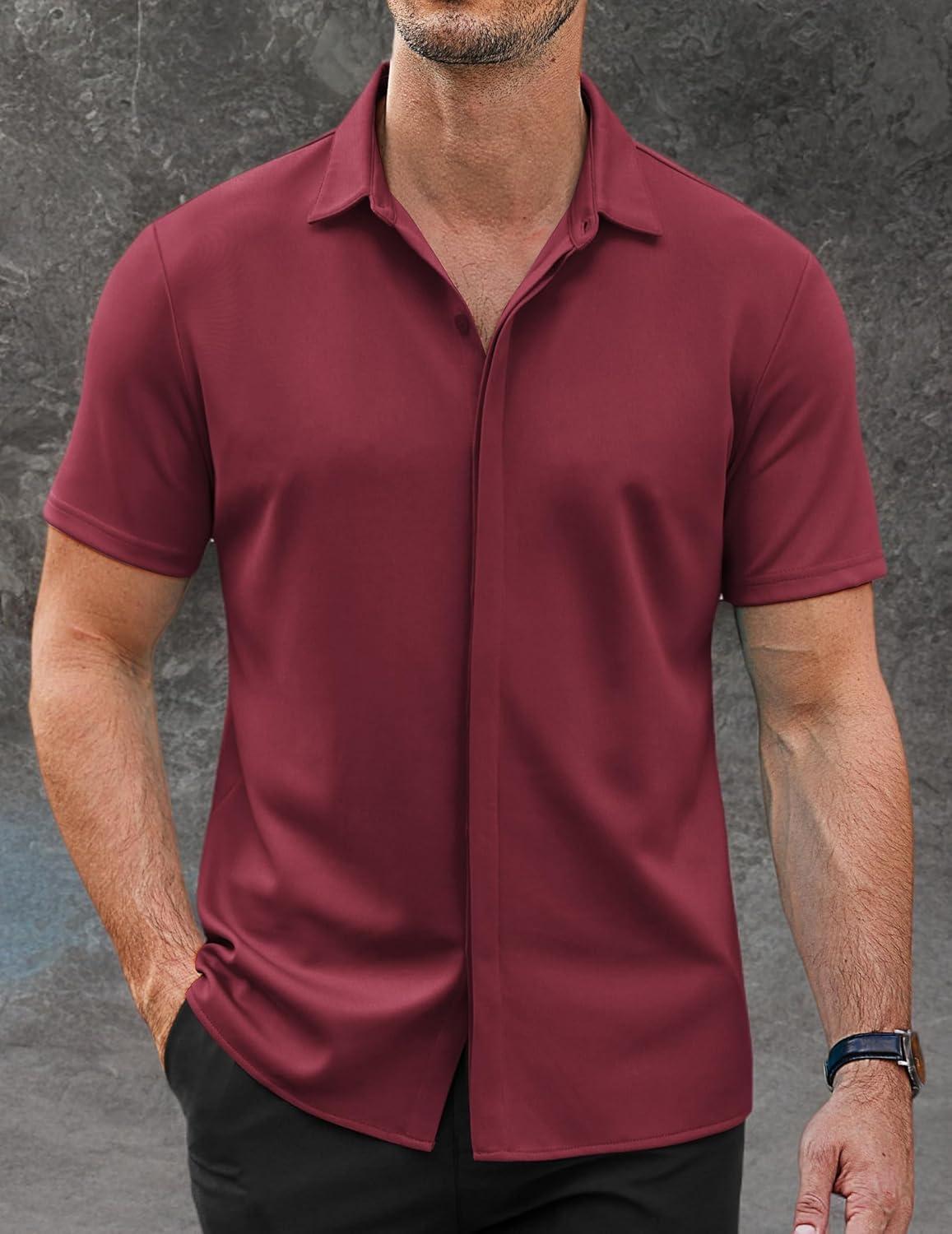 imageCOOFANDY Mens Short Sleeve Wrinkle Free Shirt Casual Button Down Shirt Summer Dress ShirtWine Red