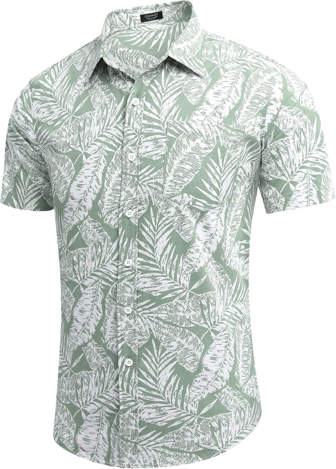 imageCOOFANDY Mens Summer Beach Hawaiian Tropical Shirt Casual Short Sleeve ShirtGreen Plam Leaves