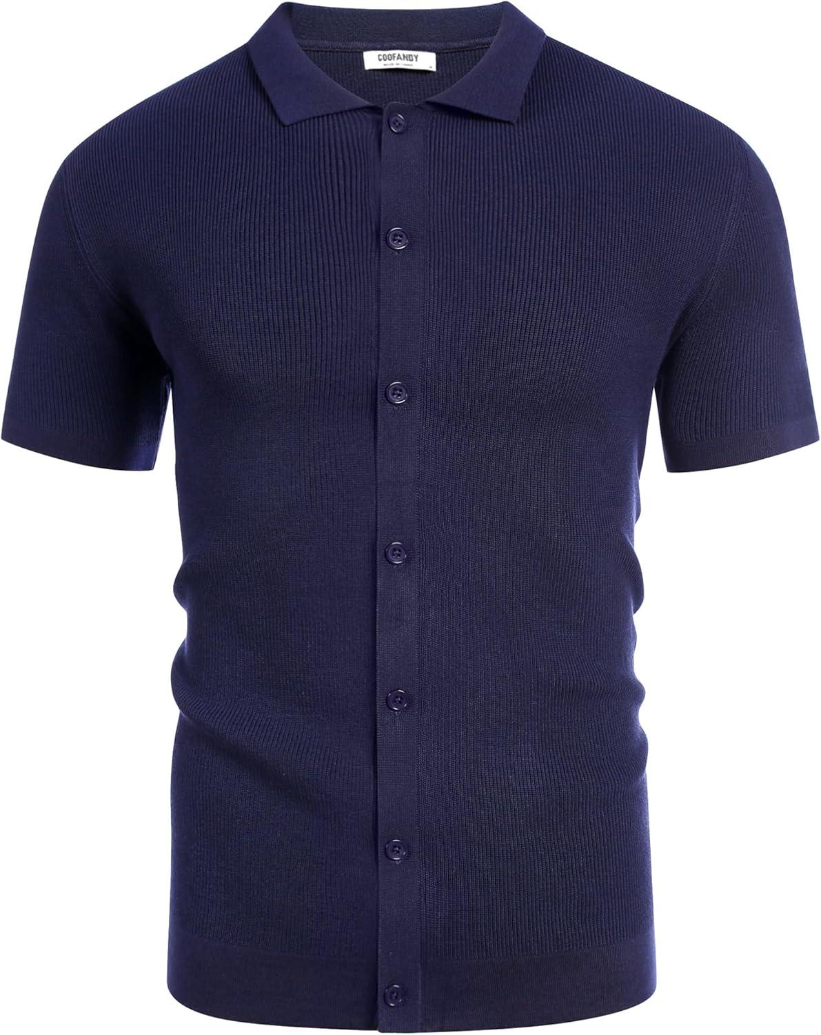 imageCOOFANDY Mens Vintage Knit Shirt Short Sleeve Button Down Polo Shirts for Summer Casual ampamp VacationNavy