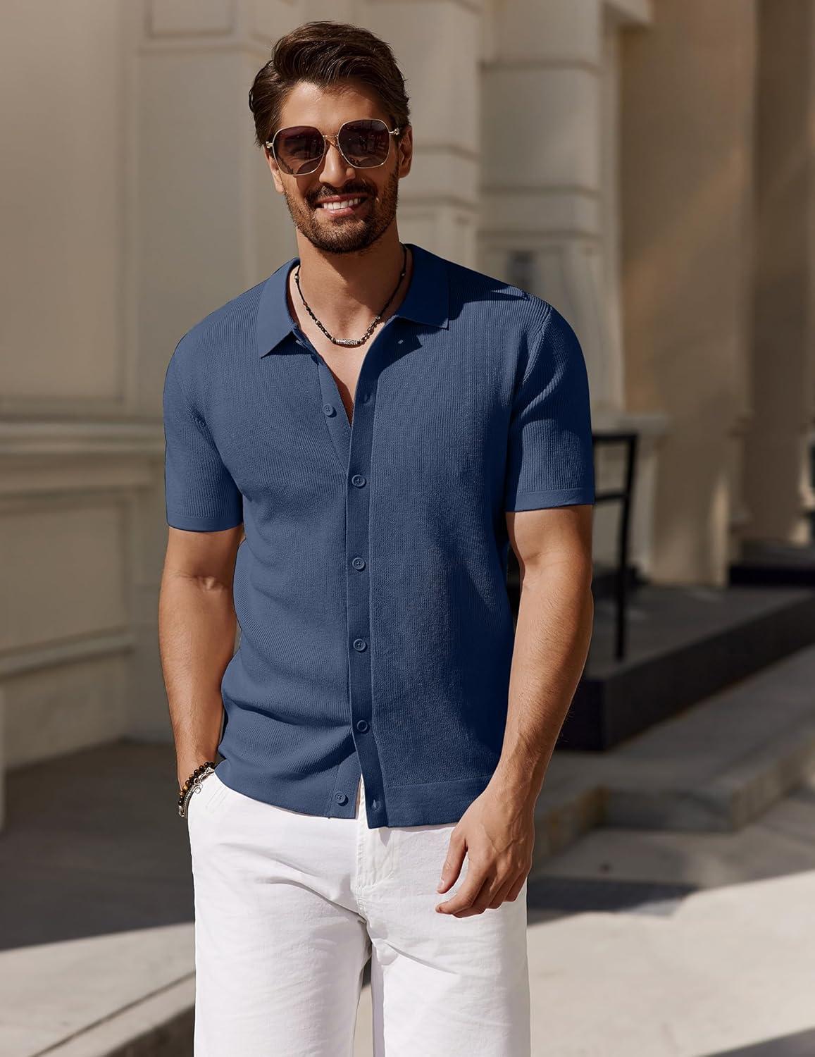 imageCOOFANDY Mens Vintage Knit Shirt Short Sleeve Button Down Polo Shirts for Summer Casual ampamp VacationNavy