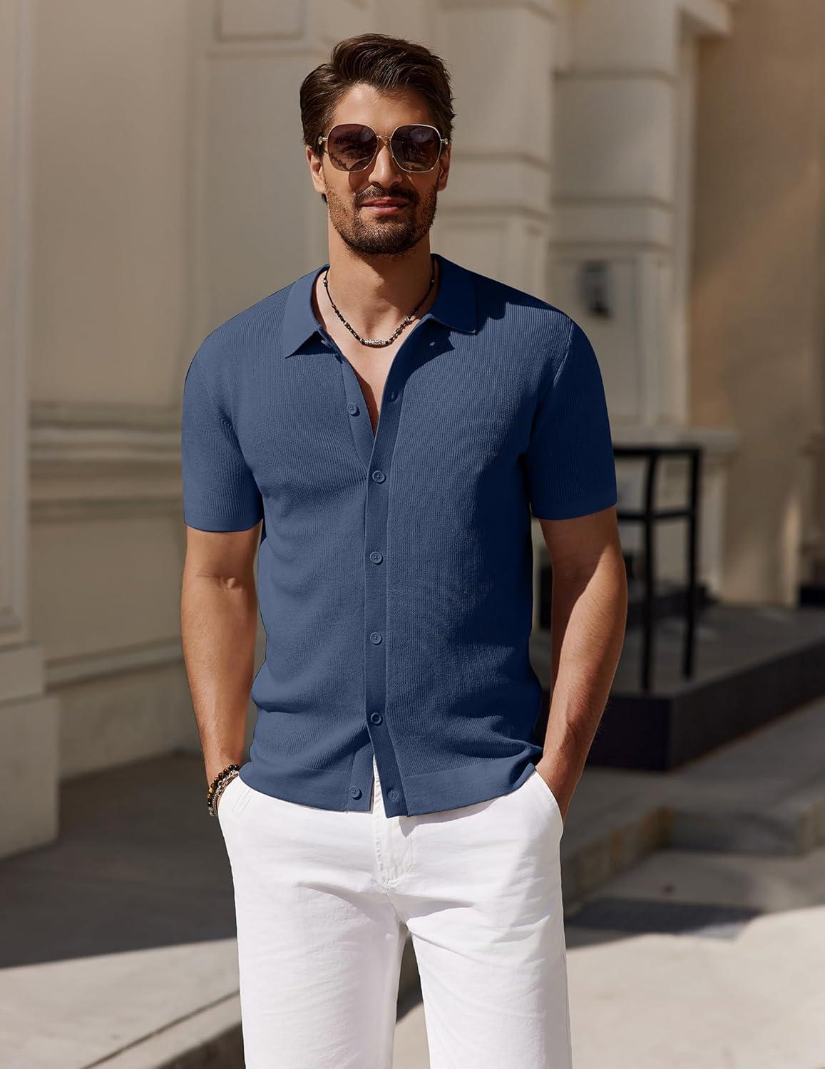 imageCOOFANDY Mens Vintage Knit Shirt Short Sleeve Button Down Polo Shirts for Summer Casual ampamp VacationNavy