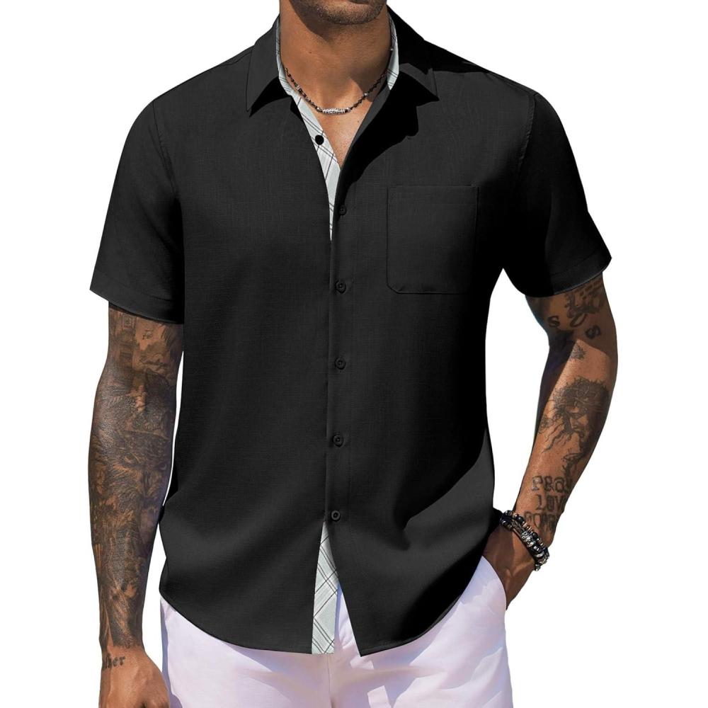 imageCOOFANDY Mens Button Down Shirts Short Sleeve Casual Linen Shirts for Men Summer Beach Wedding ShirtBlack