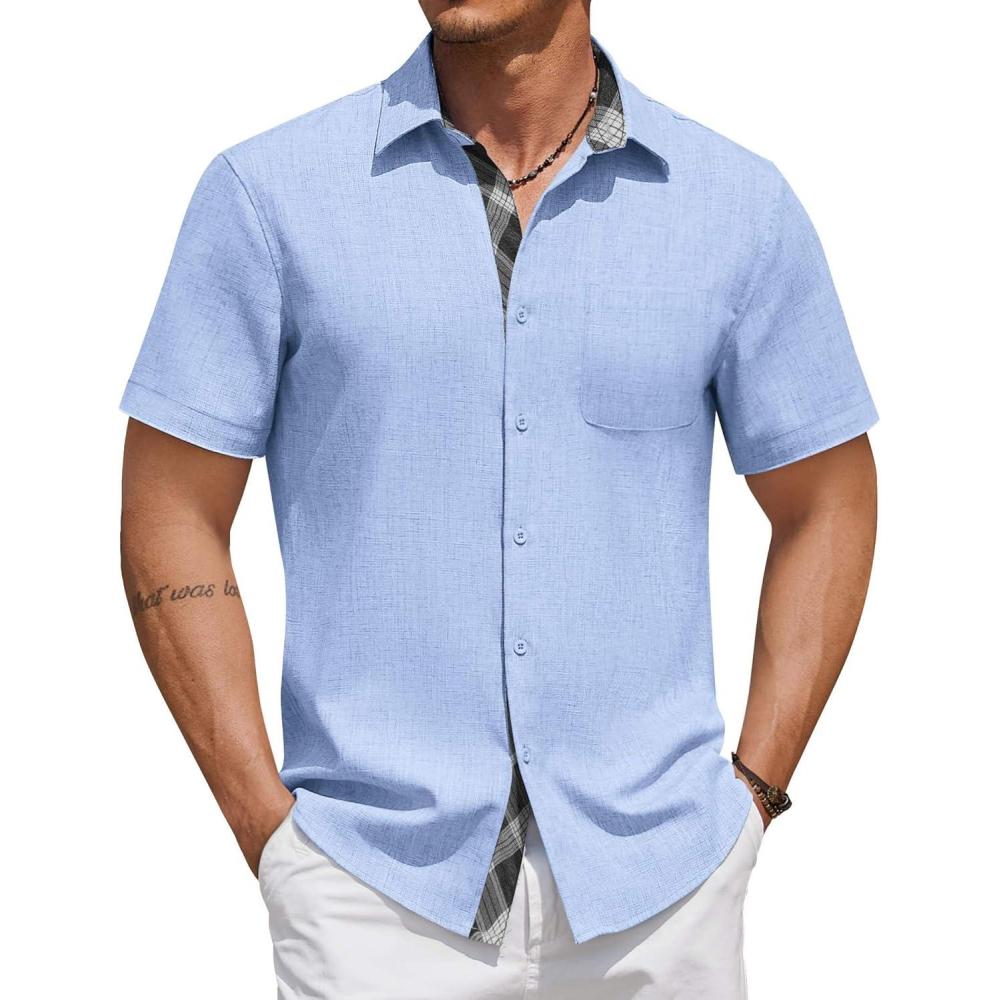 imageCOOFANDY Mens Button Down Shirts Short Sleeve Casual Linen Shirts for Men Summer Beach Wedding ShirtDenim Blue